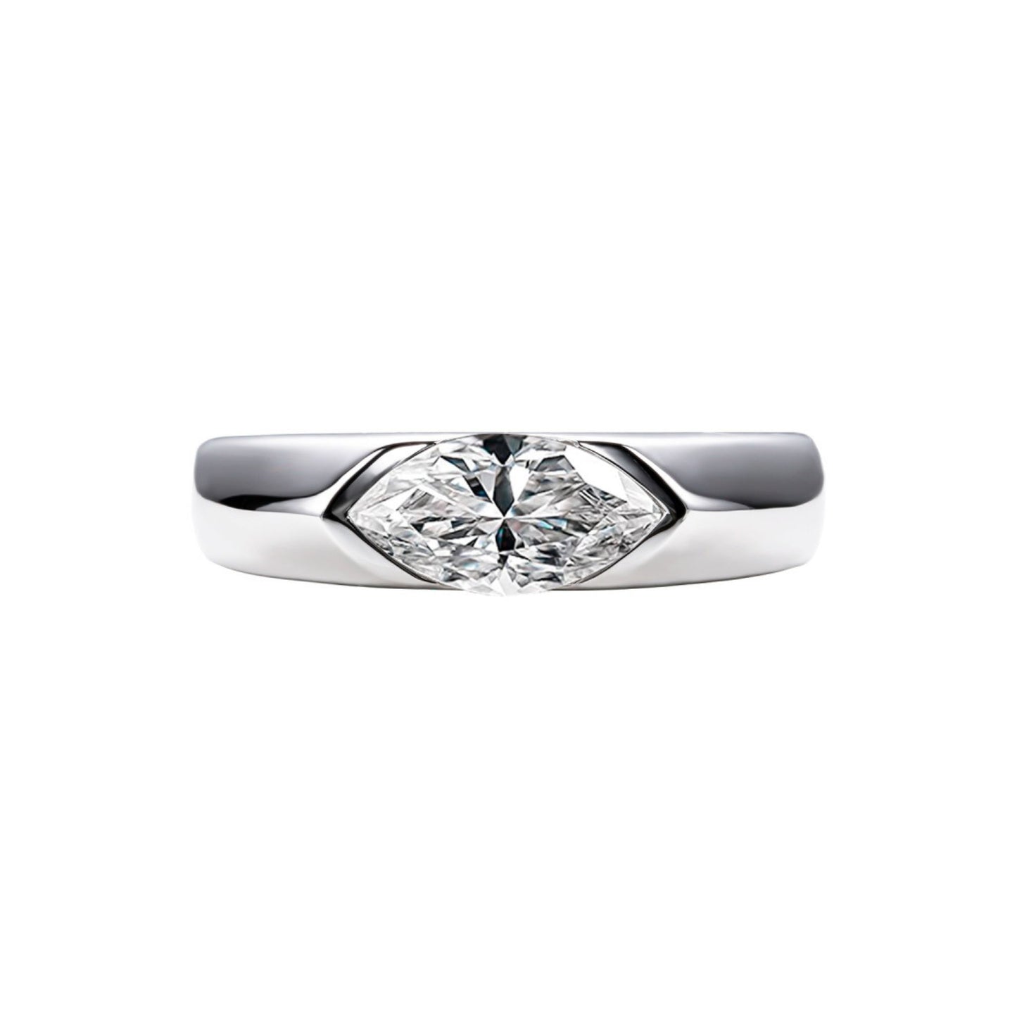 Top-down view of platinum-plated marquise east-west solitaire ring