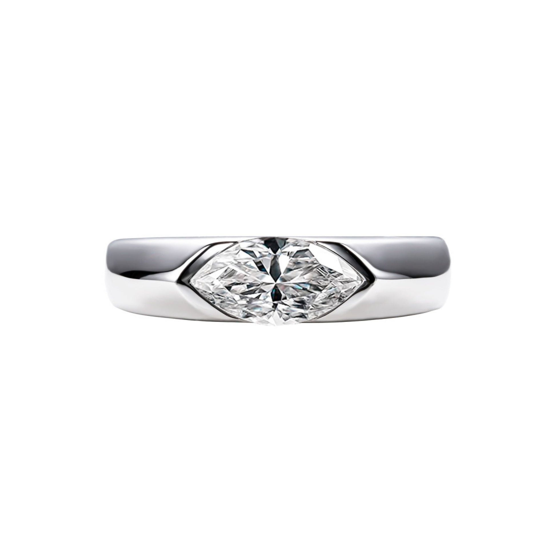Top-down view of platinum-plated marquise east-west solitaire ring