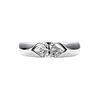 Top-down view of platinum-plated marquise east-west solitaire ring