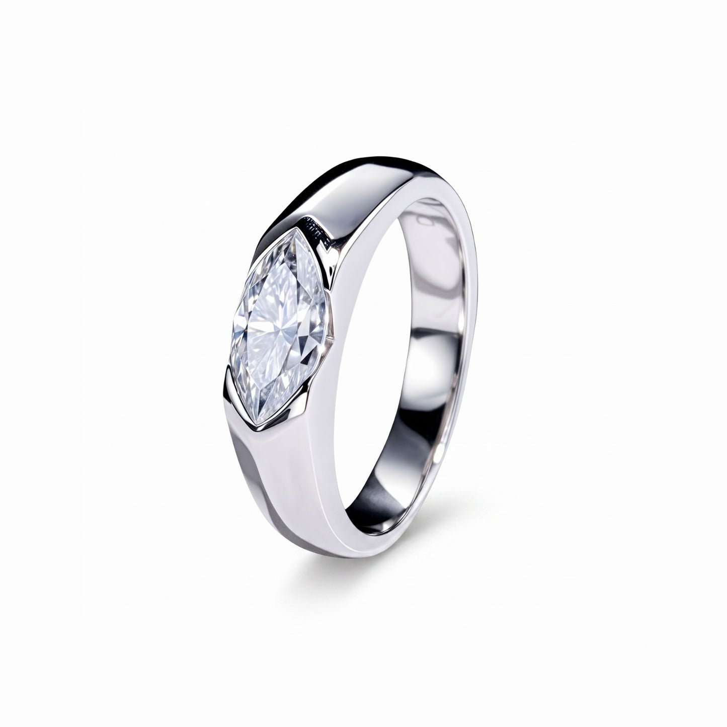 Angled top view of 1CT marquise east-west solitaire platinum-plated ring on white background