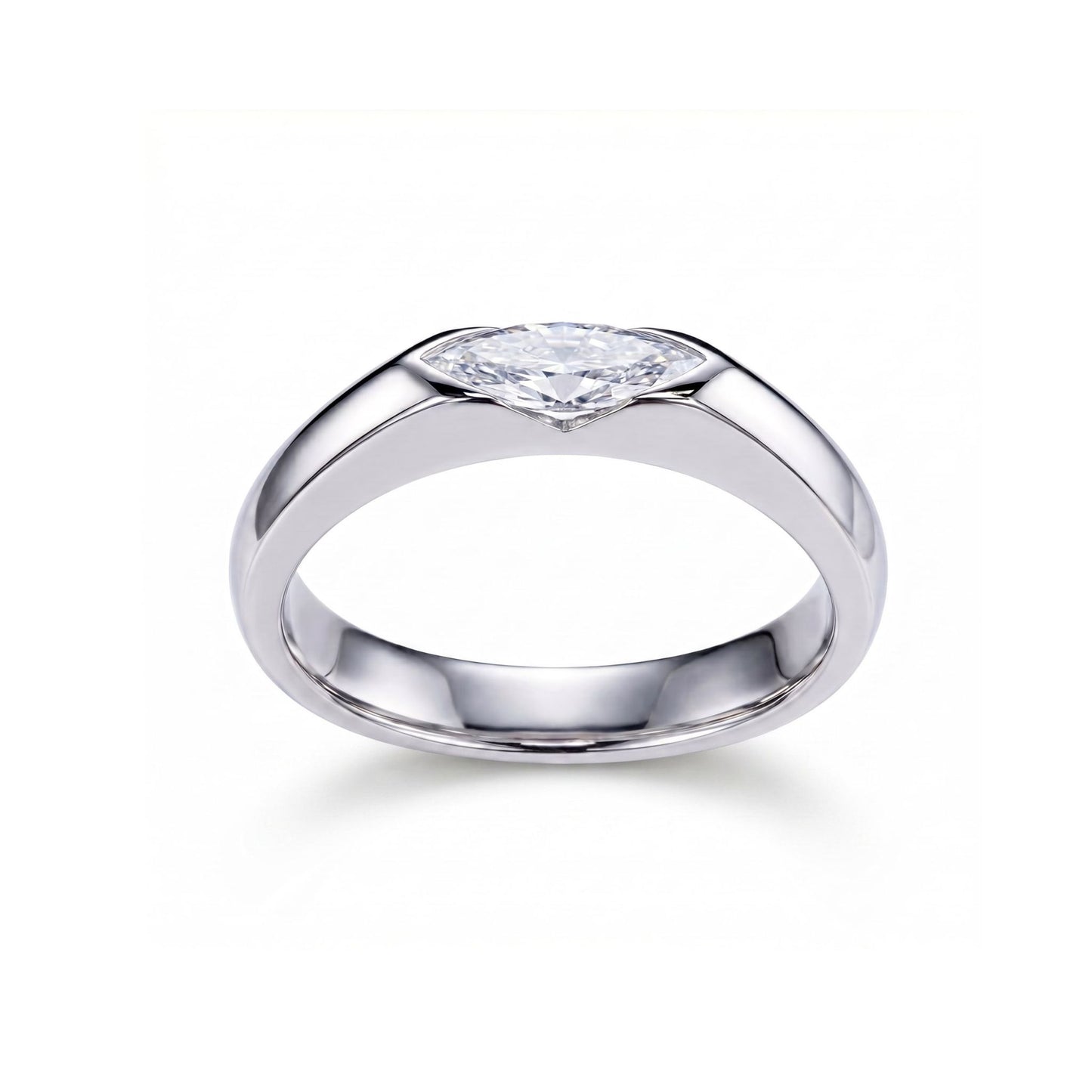 Top-down angled view showing marquise diamond tips and prong details on east-west platinum-plated solitaire ring, white background