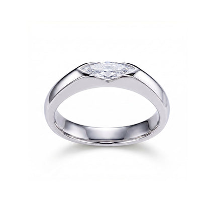 Top-down angled view showing marquise diamond tips and prong details on east-west platinum-plated solitaire ring, white background