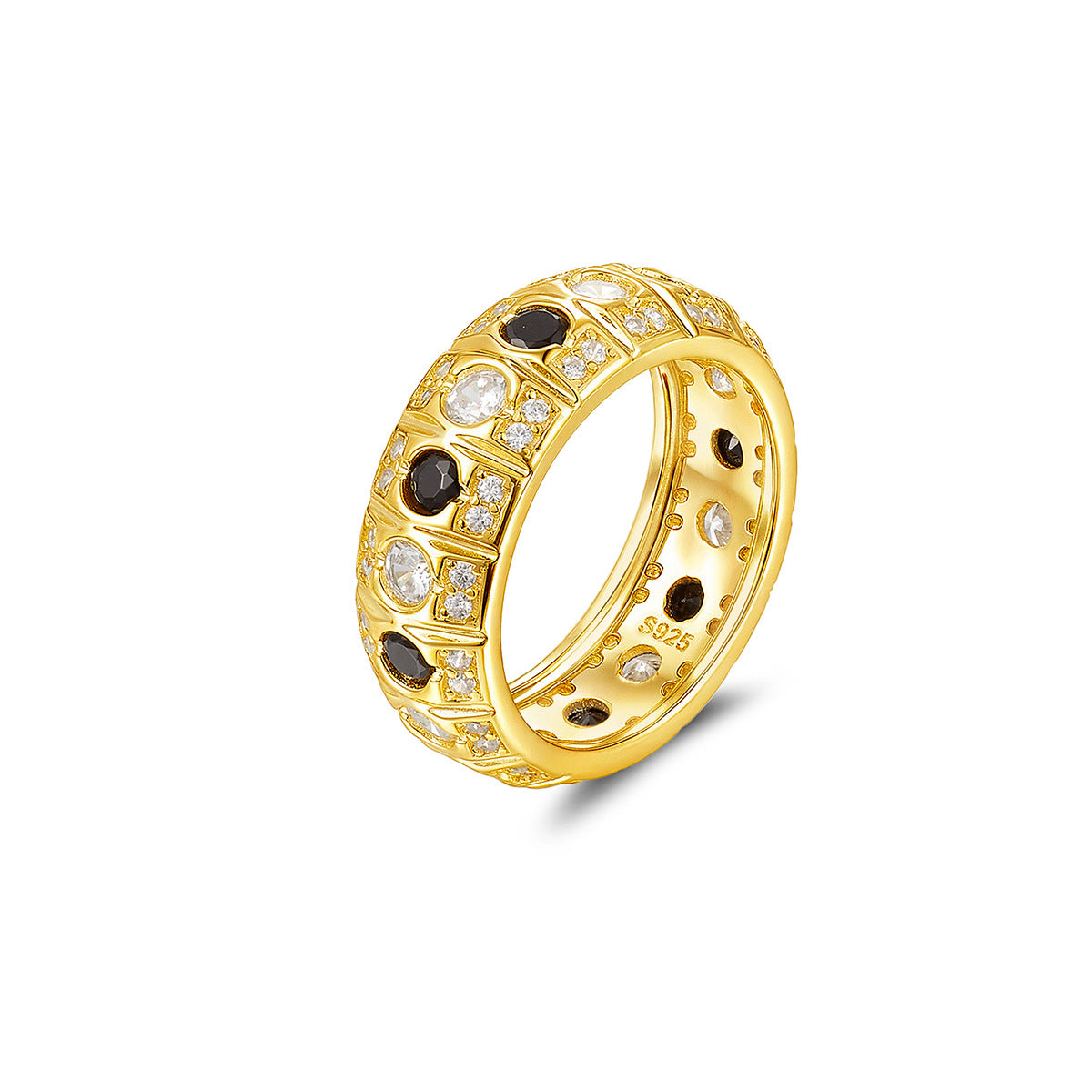 black and white moissanite engagement ring in gold color