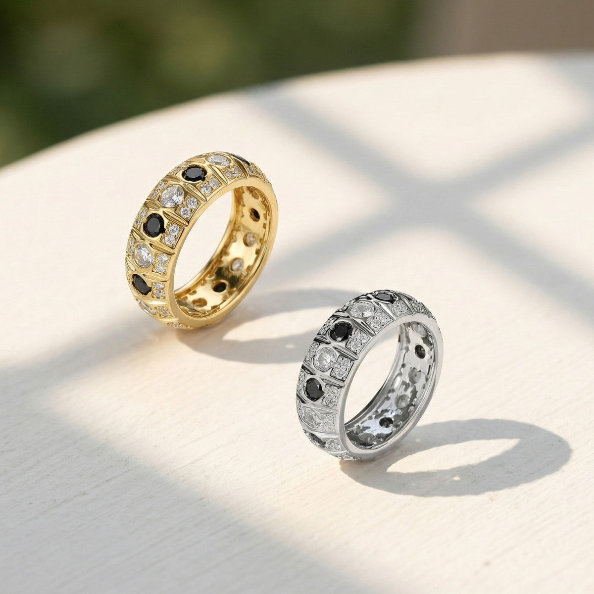 black and white moissanite engagement ring in gold/silver color