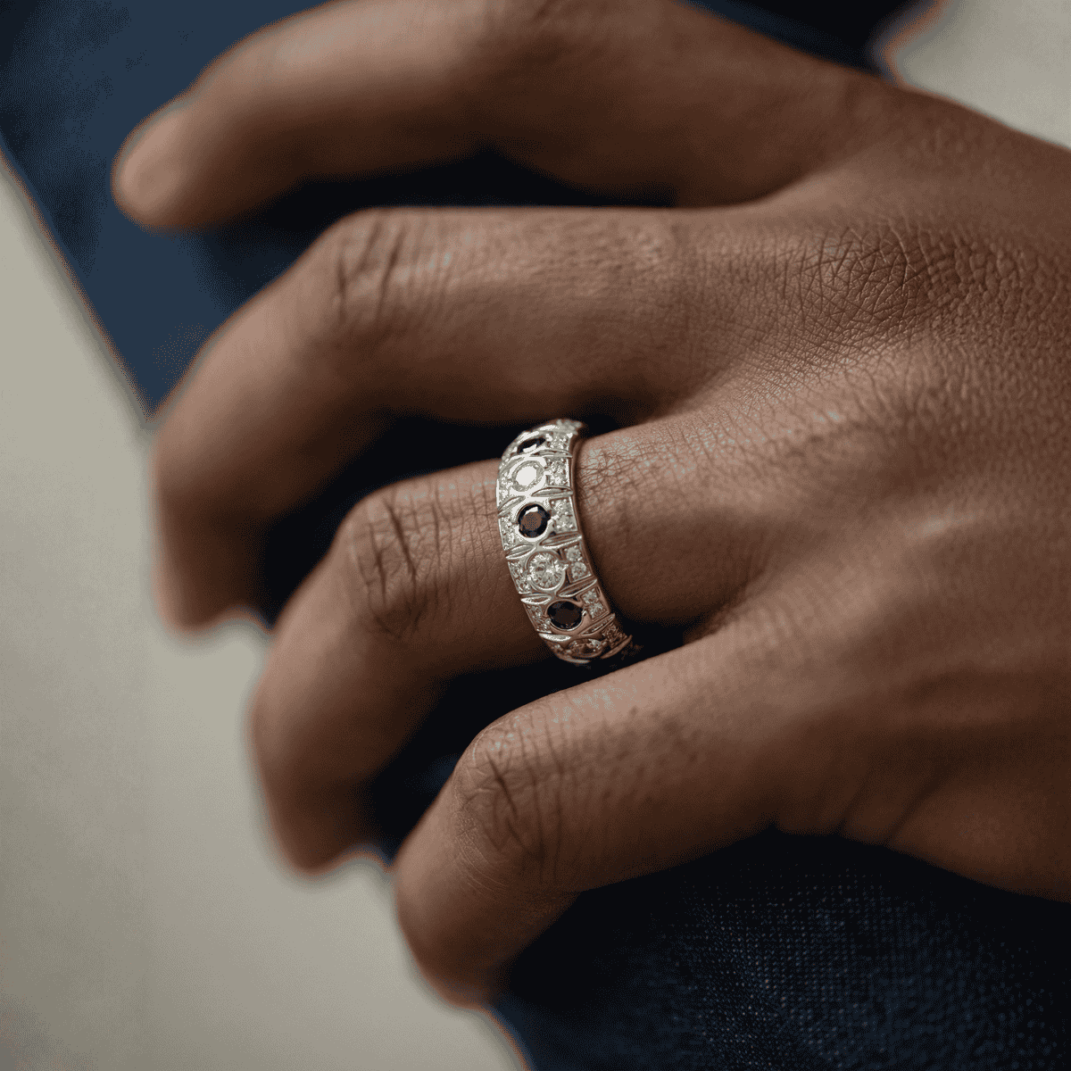 black and white moissanite engagement ring in silver color for men