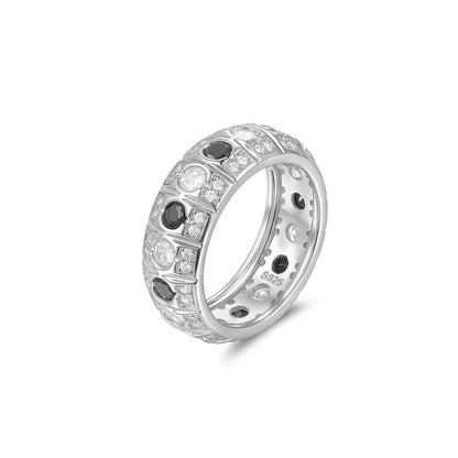 black and white moissanite engagement ring in silver color